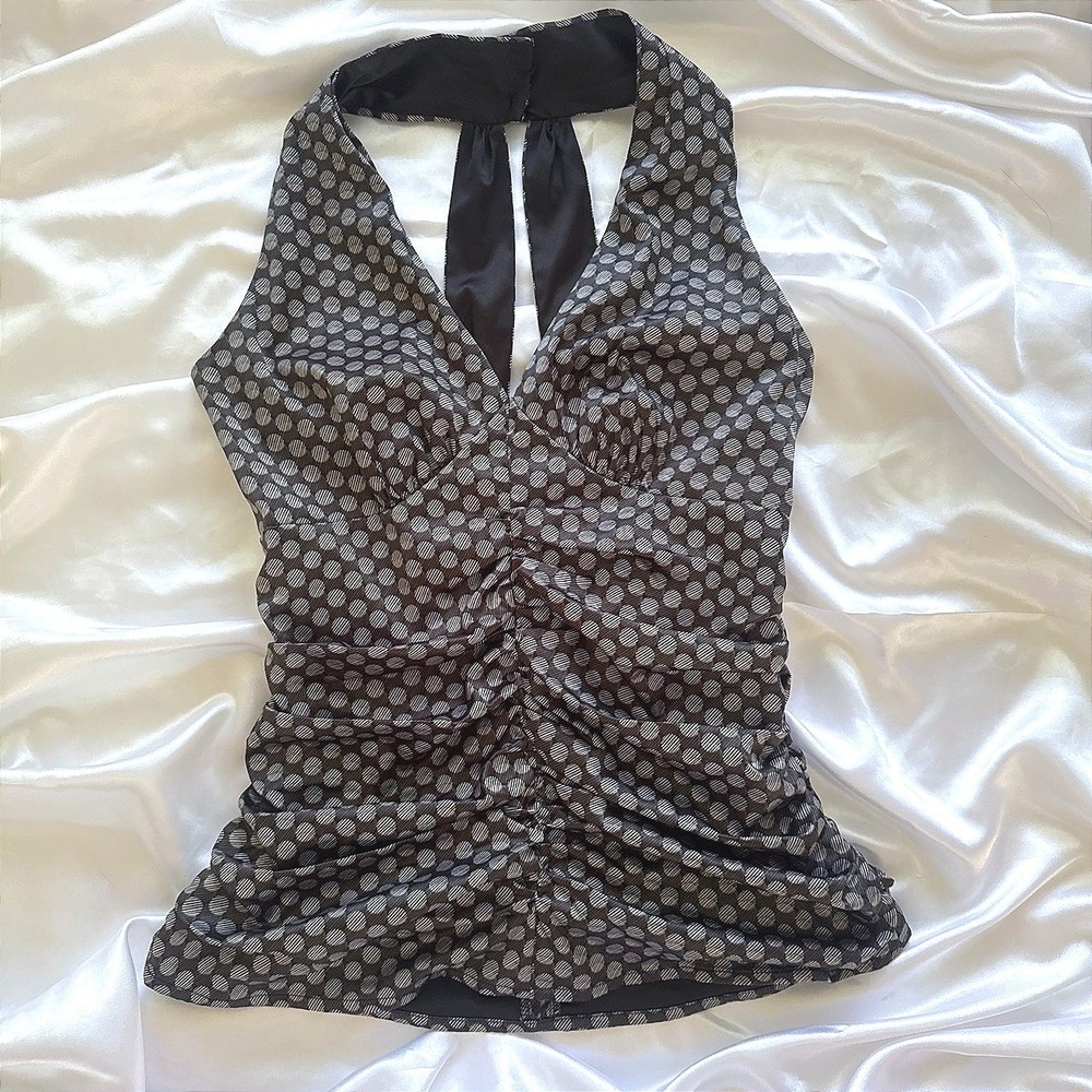 Express Design Studio Womens Black Gray Polka Dot Ruched Halter Top Size 8